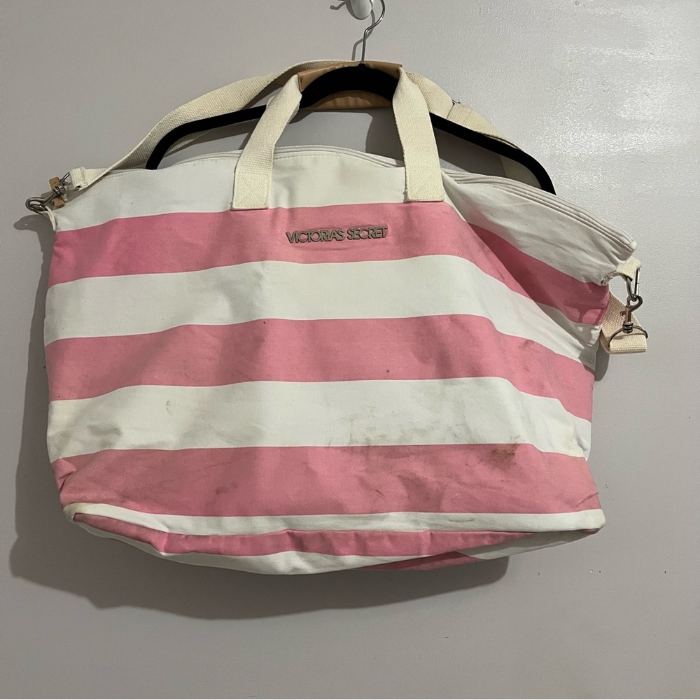 Victoria's Secret Pink and White Striped Canvas Tote Bag Large Zip Up has stains